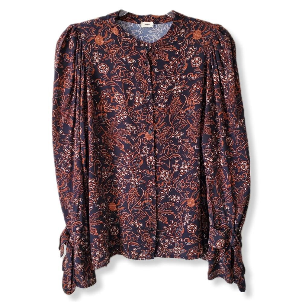 WARM Women Brown Black Puff Sleeve Floral Blouse Top M Cottage Country Boho NEW
